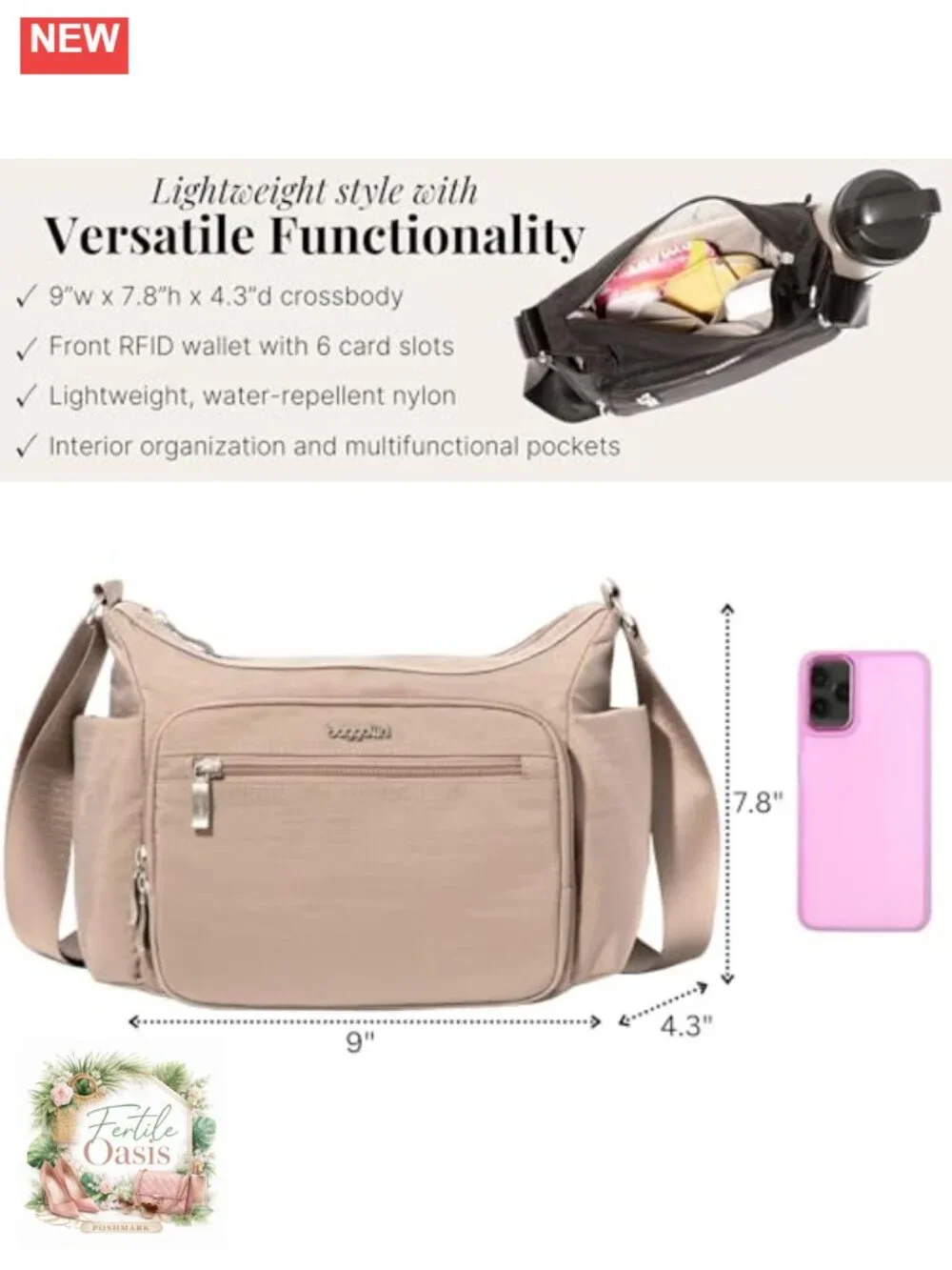 Nylon Crossbody Bag with RFID Protection - Hobo Style